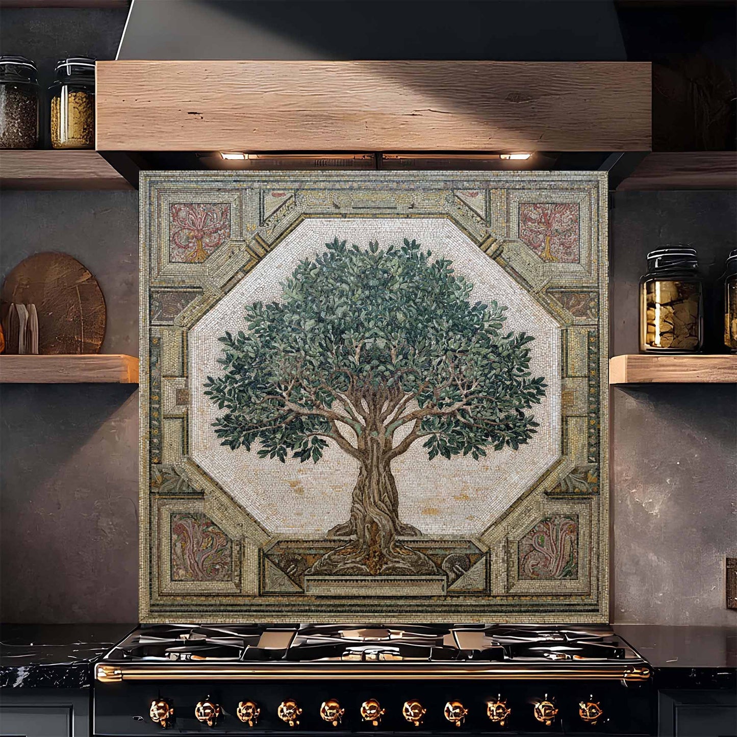 Decorative backsplash with a tree design above a stove in a kitchen setting.