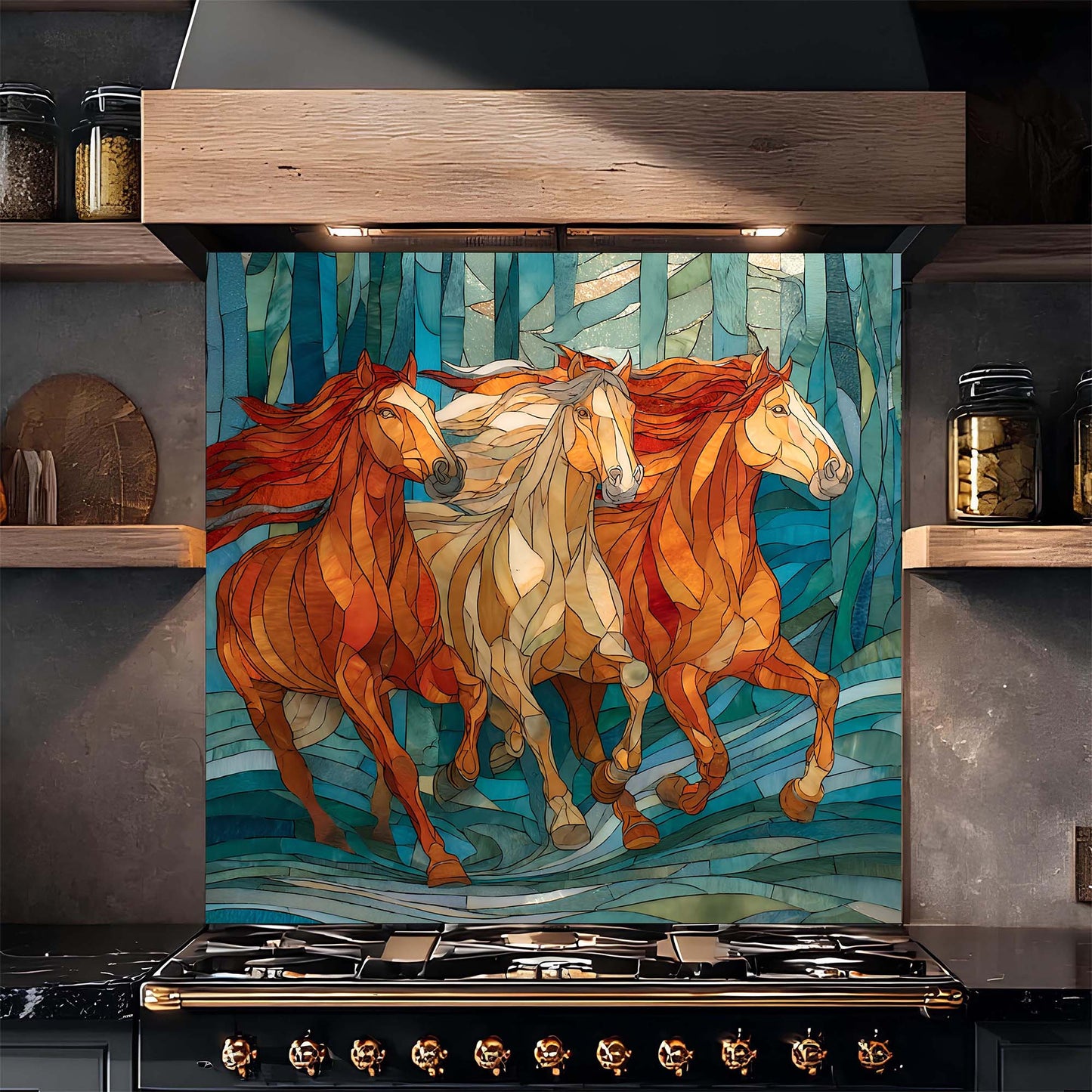 Three galloping horses in a stained glass forest design on tempered glass backsplash, adding motion, warmth, and artistic depth to kitchens.