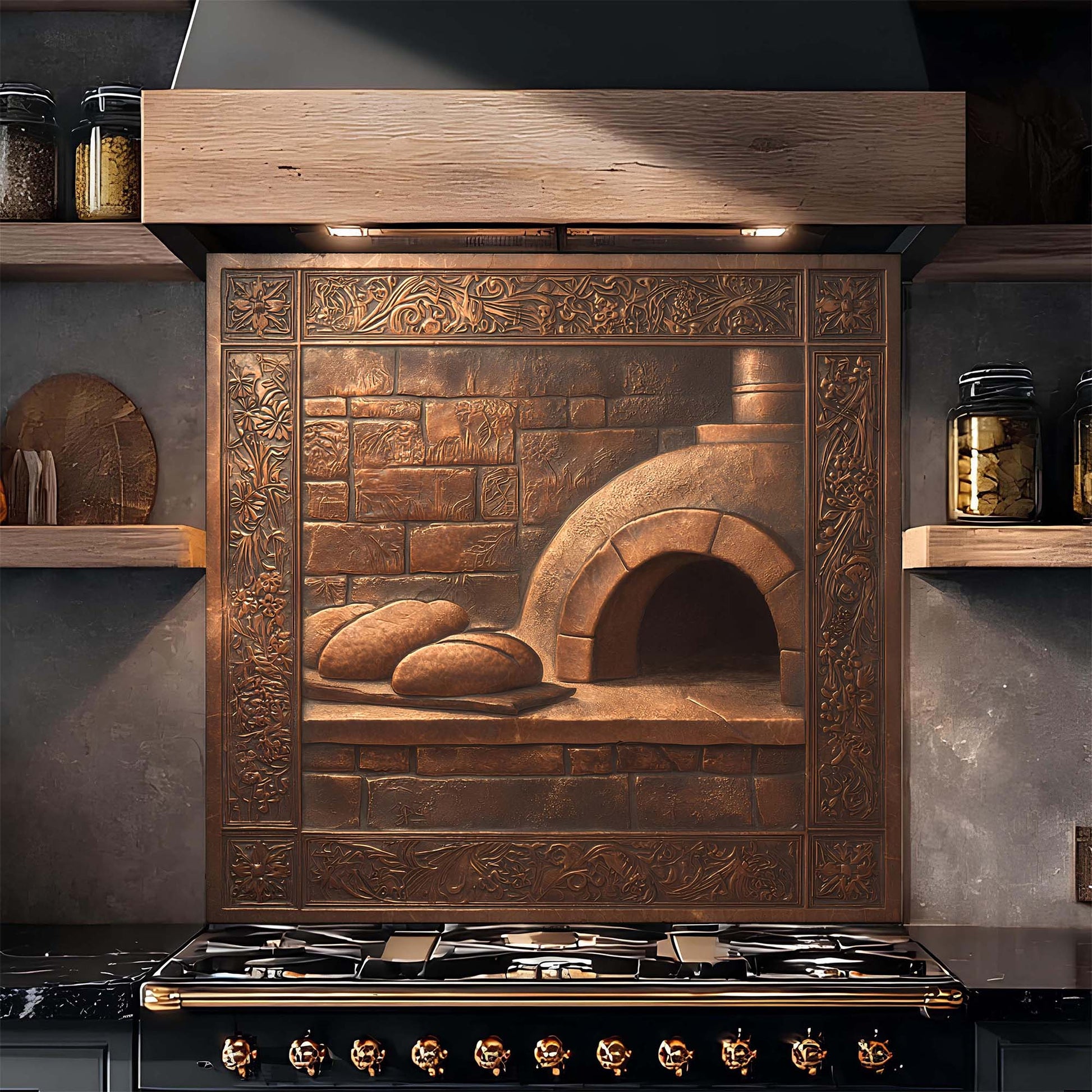 Decorative brick oven with bread glass backsplash on a kitchen wall above a stove.