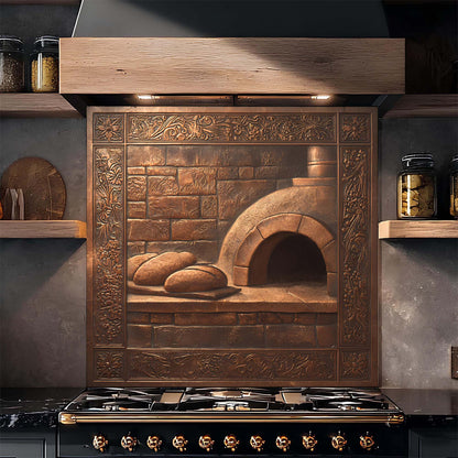 Decorative brick oven with bread glass backsplash on a kitchen wall above a stove.