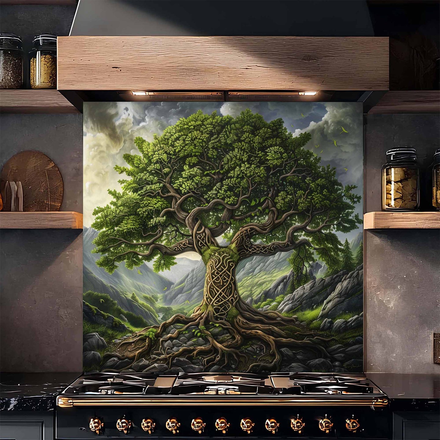 Decorative tempered glass backsplash of a tree with intricate roots on a kitchen wall above a stove.