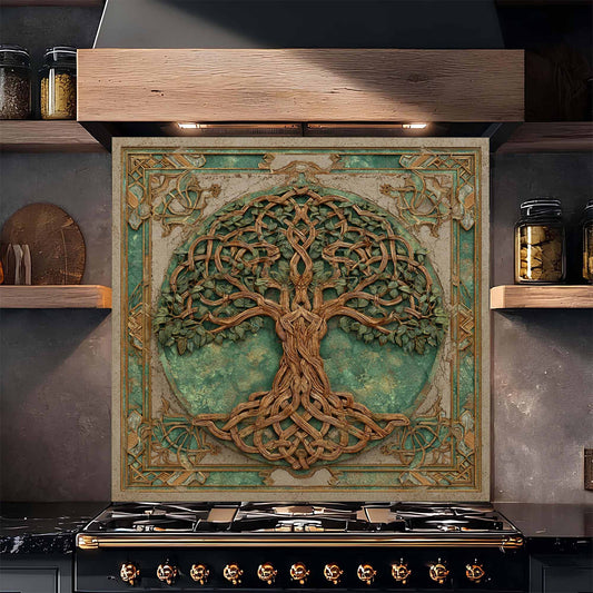 Decorative backsplash with a tree design above a stove in a kitchen setting.