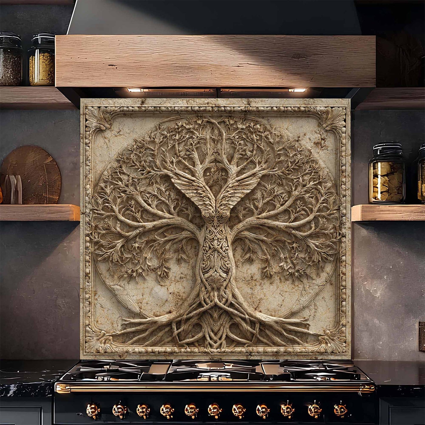 Decorative backsplash with tree design above a stove in a kitchen setting.