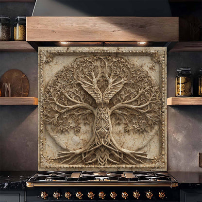 Decorative backsplash with tree design above a stove in a kitchen setting.