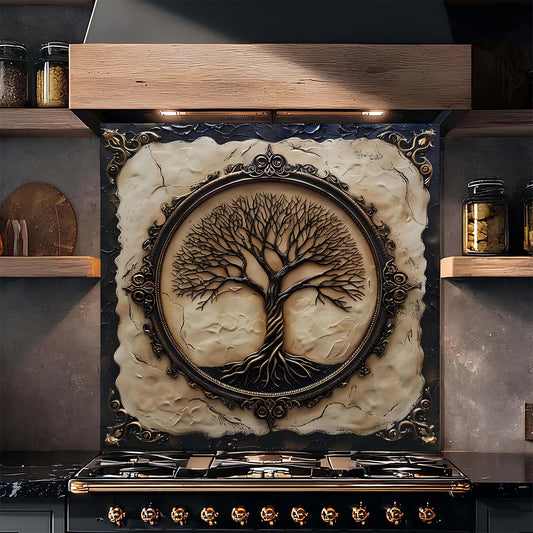 Decorative kitchen backsplash with a tree design on a kitchen wall above a stove.