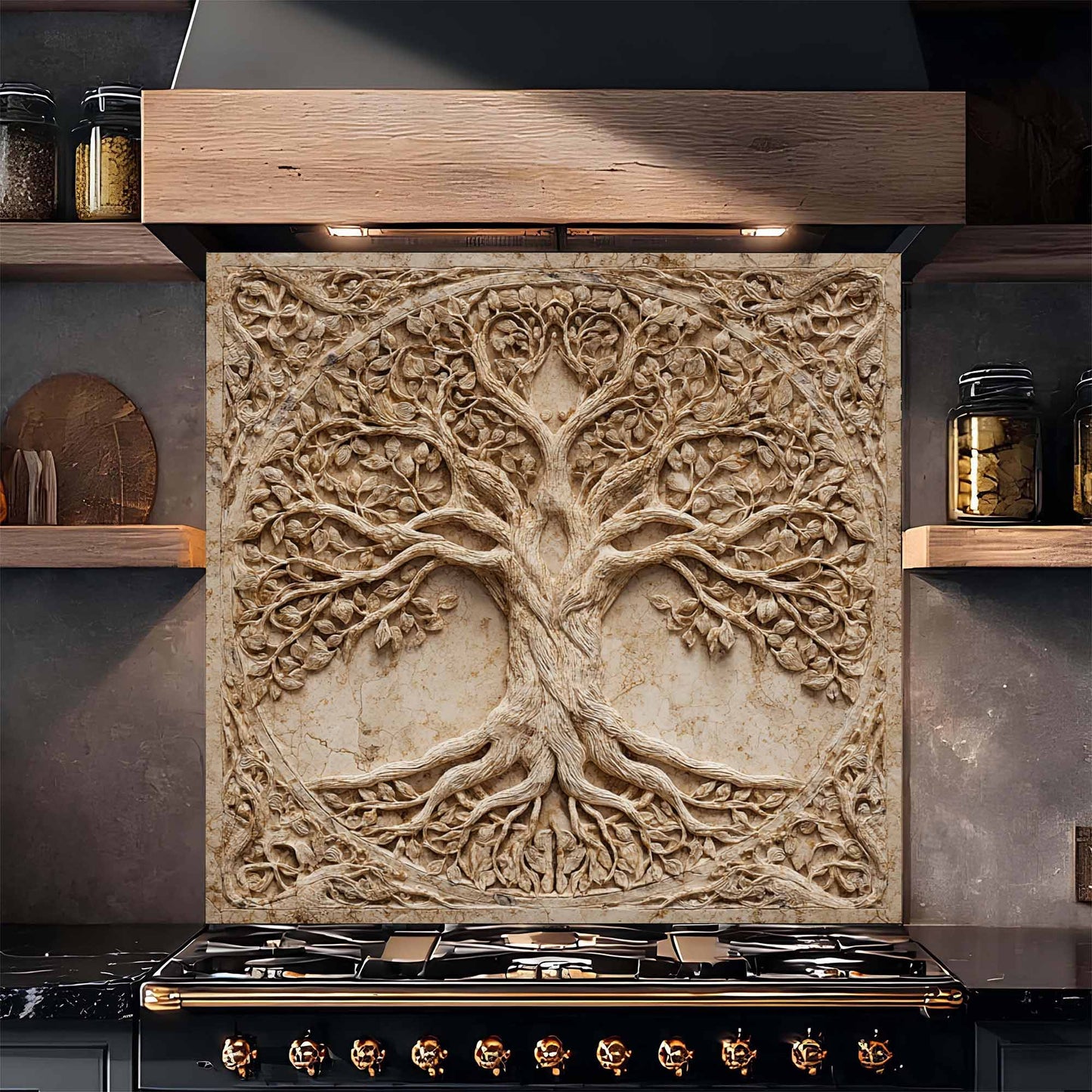 Decorative backsplash with tree design above a stove in a kitchen setting.