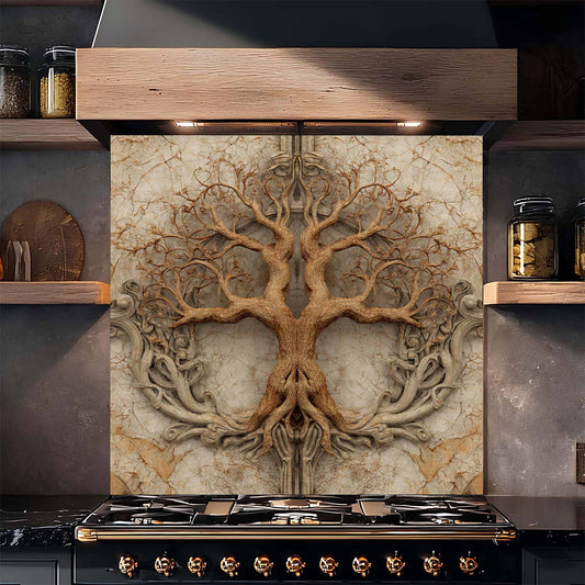 Decorative backsplash with tree design in a kitchen setting