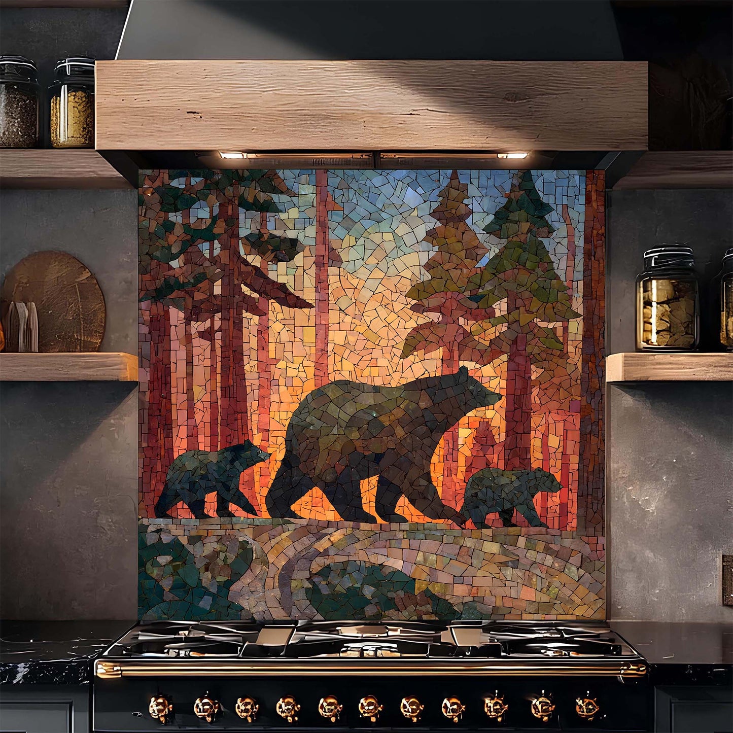 Kitchen stove with a bear and cub mosaic glass backsplash