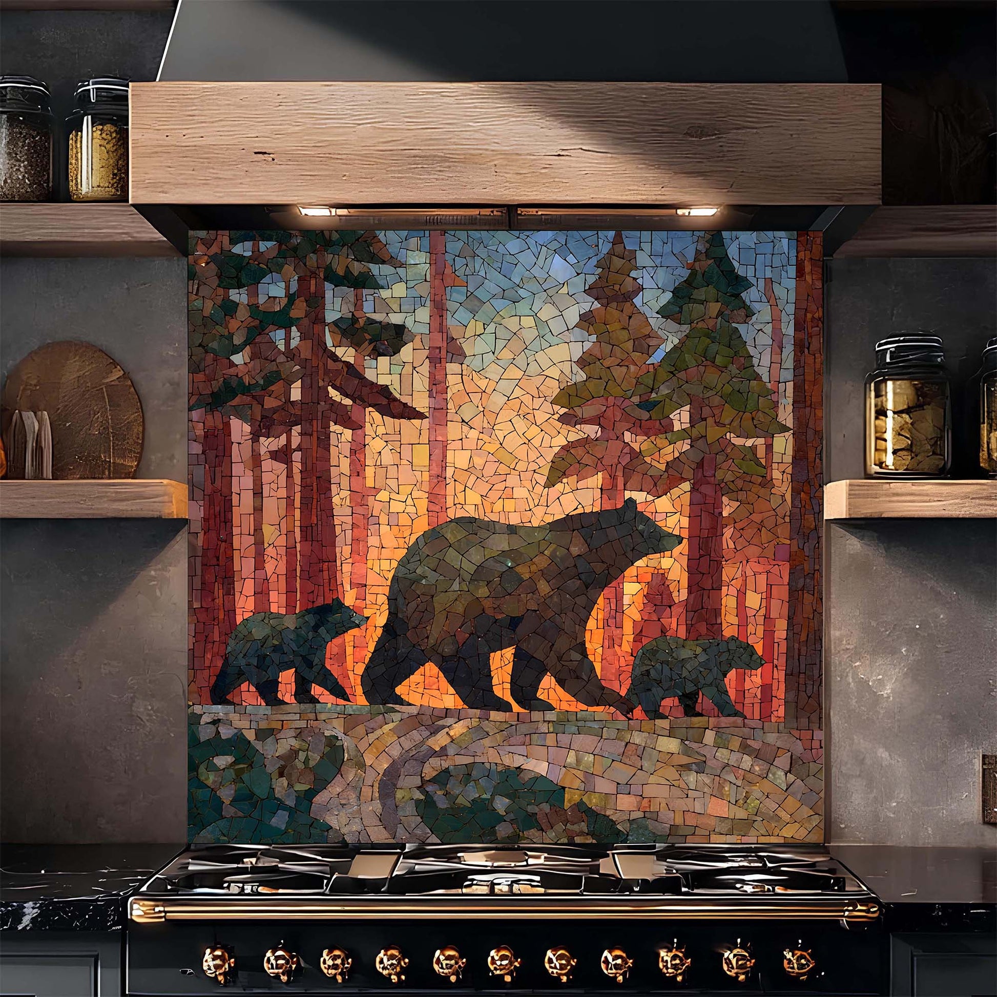 Kitchen stove with a bear and cub mosaic glass backsplash