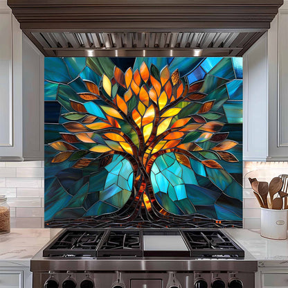 Stained glass tree backsplash above a stove in a kitchen