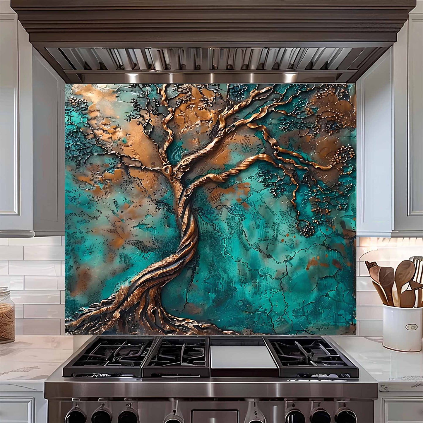Decorative backsplash with tree design over a stove in a kitchen