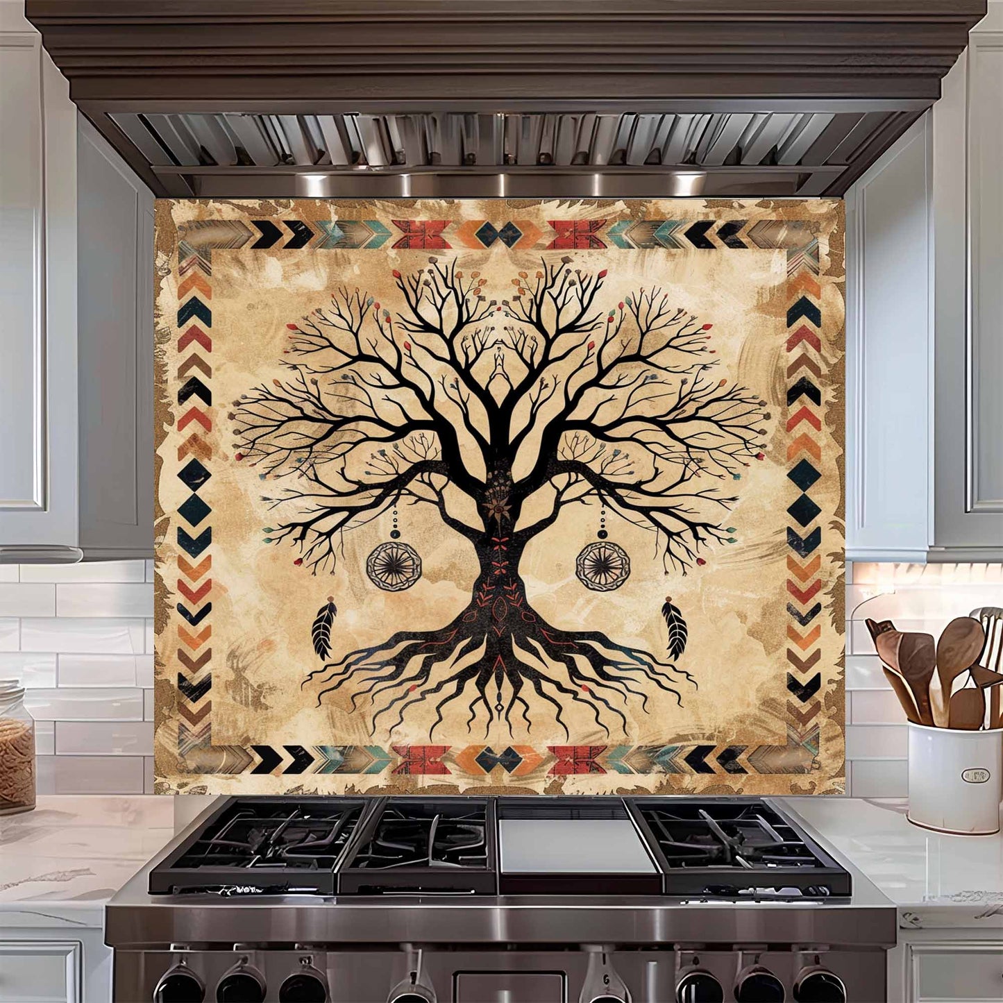 Kitchen with a decorative backsplash featuring a tree design above a stove.