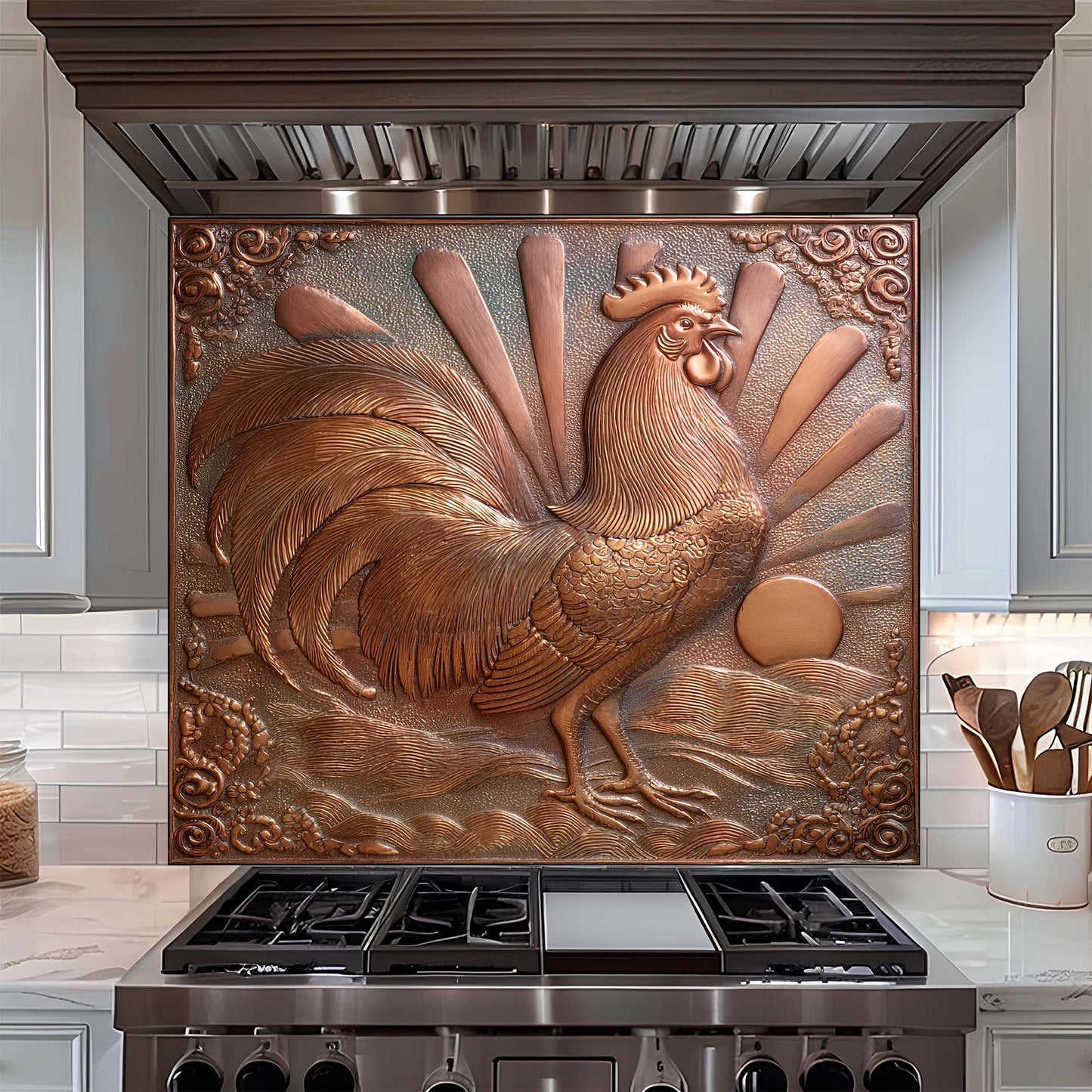 Decorative copper rooster design on a kitchen backsplash above a stove.