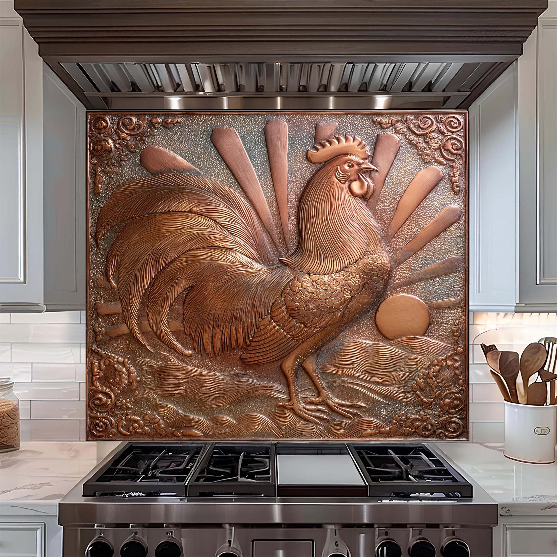 Decorative copper rooster design on a kitchen backsplash above a stove.