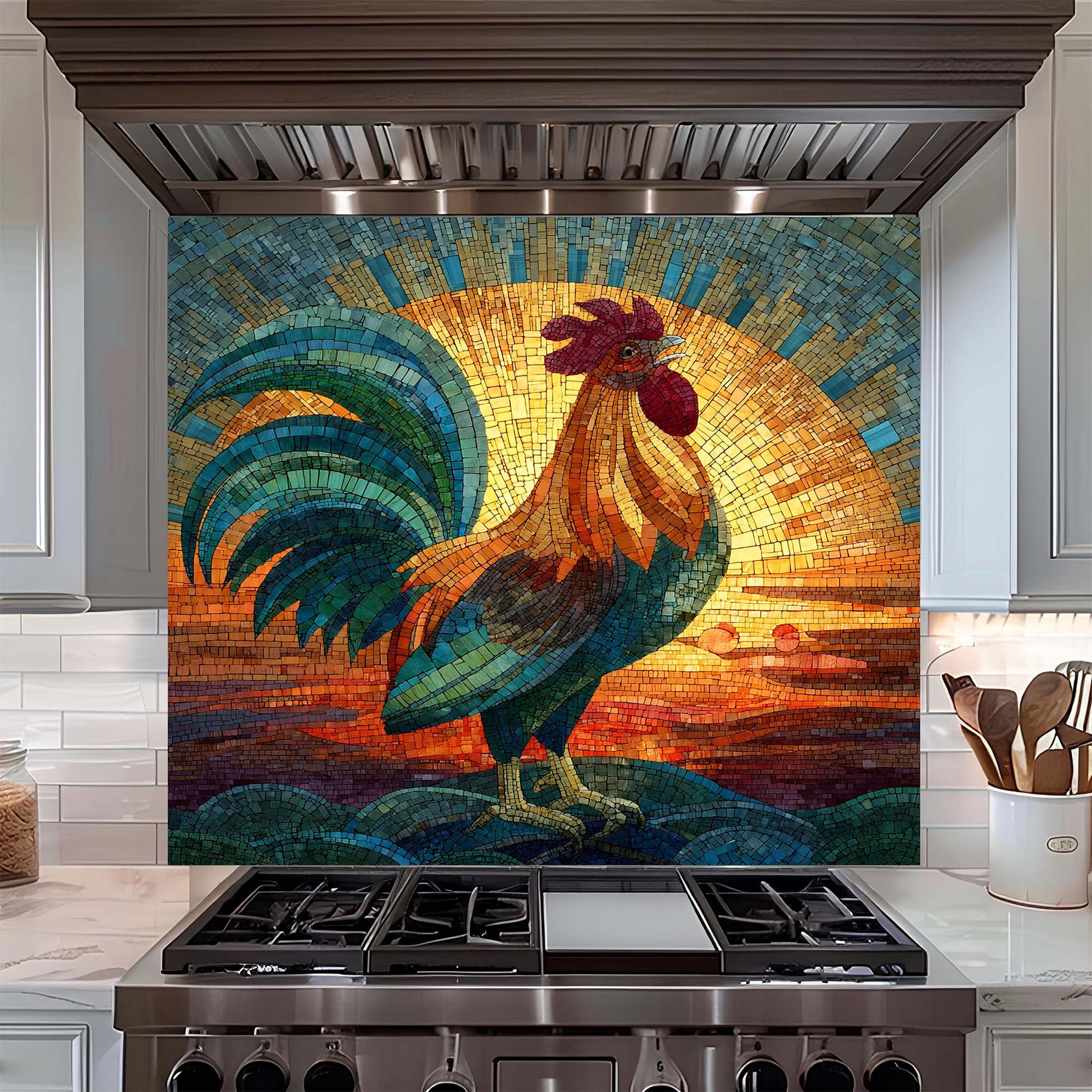 Colorful mosaic rooster glass backsplash on a kitchen backsplash above a stove.