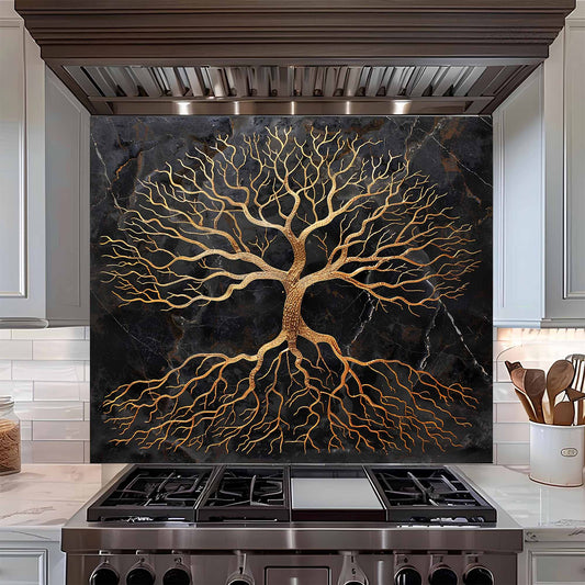 Stainless steel stove with decorative glass backsplash featuring a tree design in a kitchen setting.