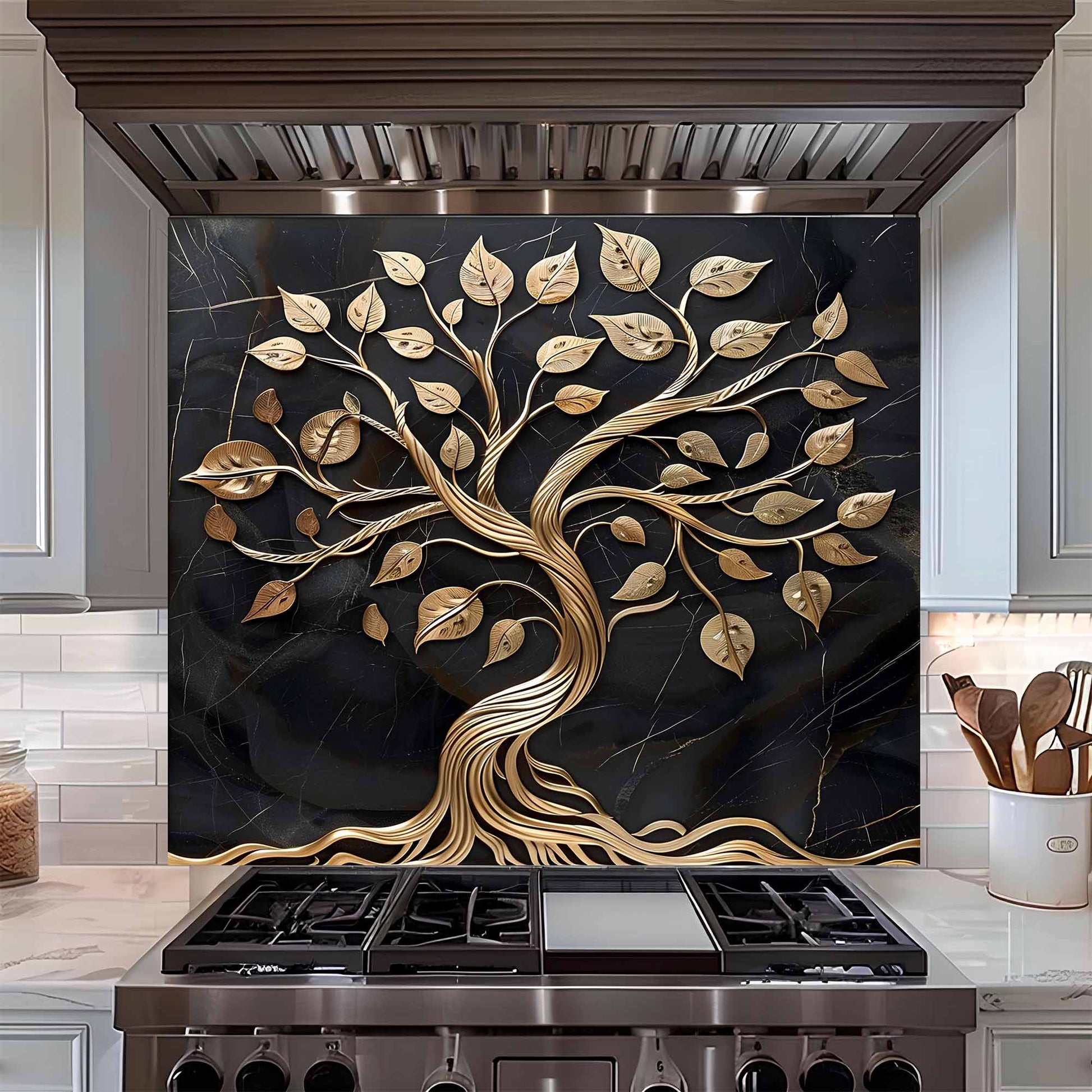 Decorative backsplash with a gold tree design above a stove in a kitchen.