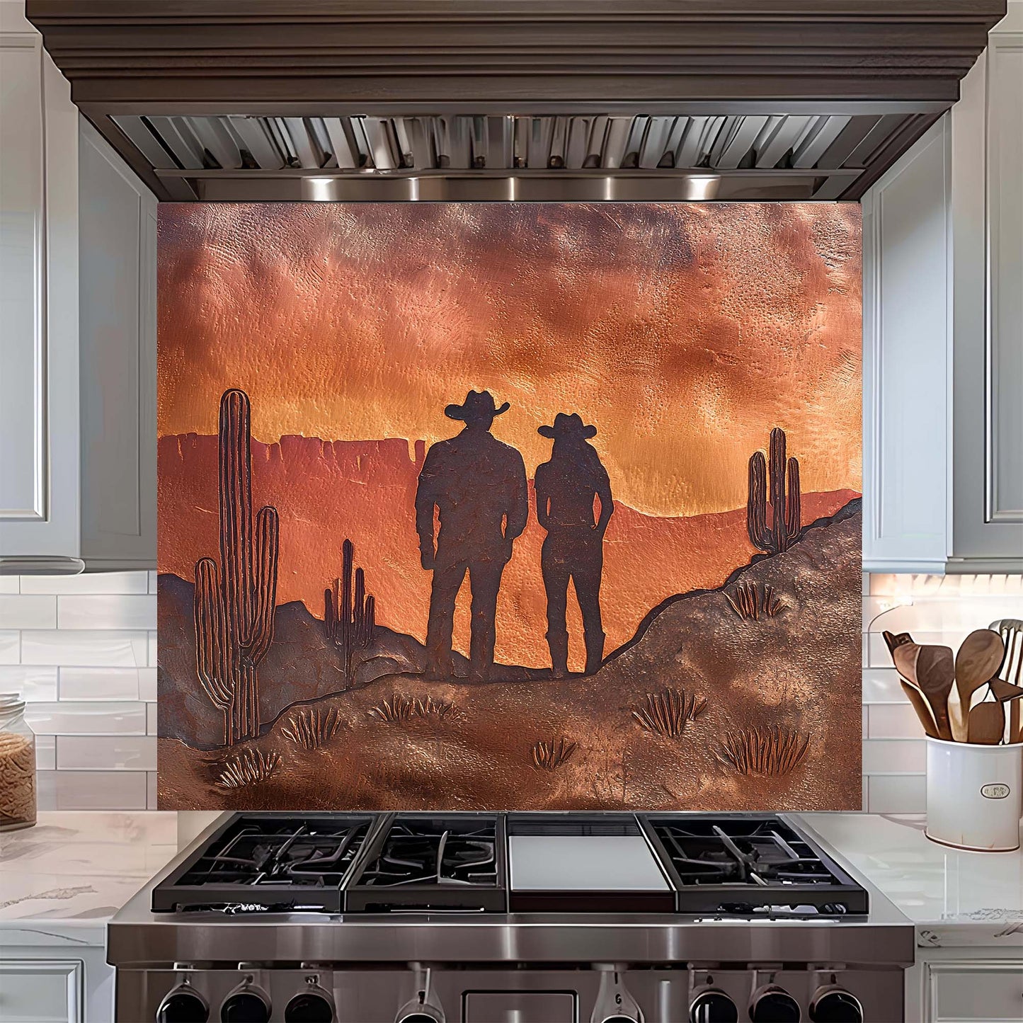 Kitchen with a decorative glass backsplash featuring silhouettes of two cowboys and cacti.