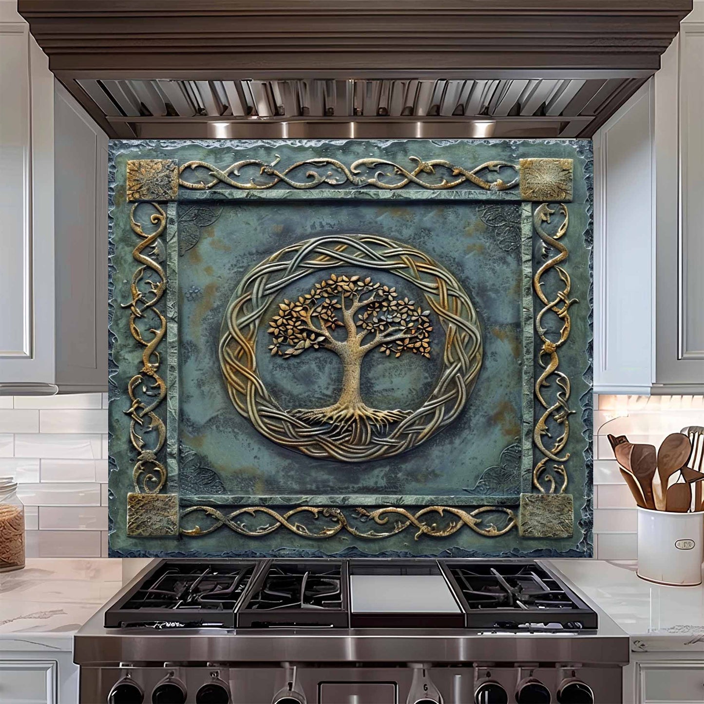 Decorative backsplash above a stove with tree of life design