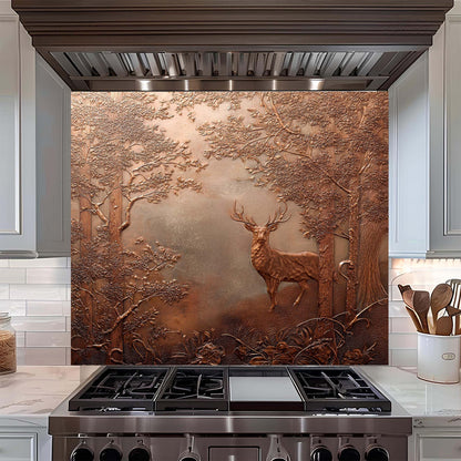 Decorative copper look glass backsplash with deer design above a stove in a kitchen.