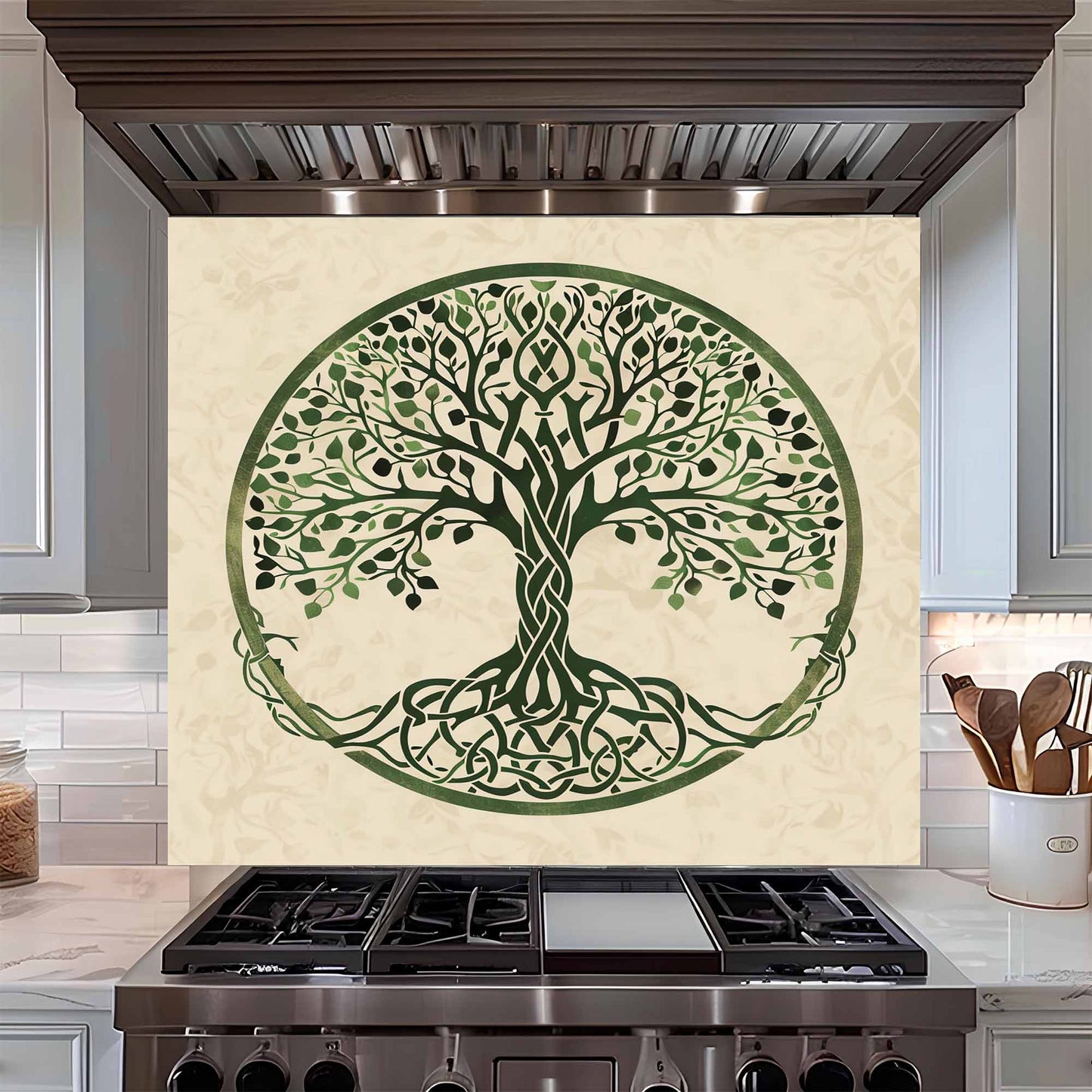 Decorative backsplash of a tree with roots and branches on a kitchen backsplash.