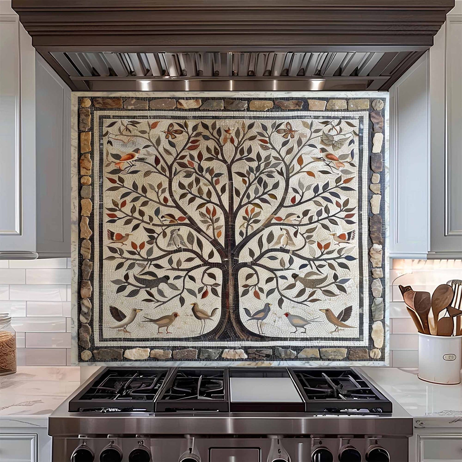 Kitchen stove with decorative backsplash featuring a tree and birds.