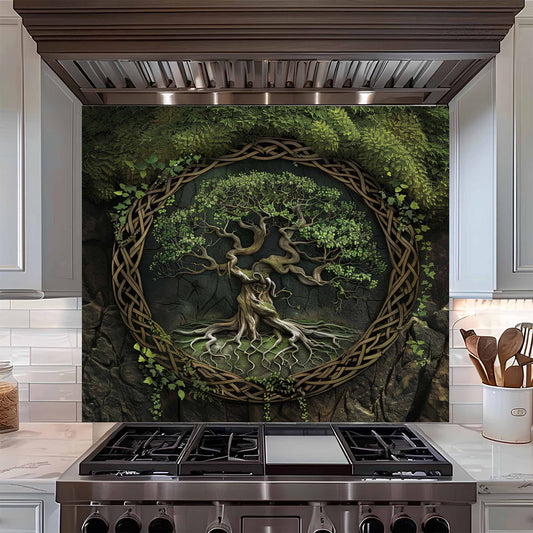 Decorative wall mural with tree design above a kitchen stove