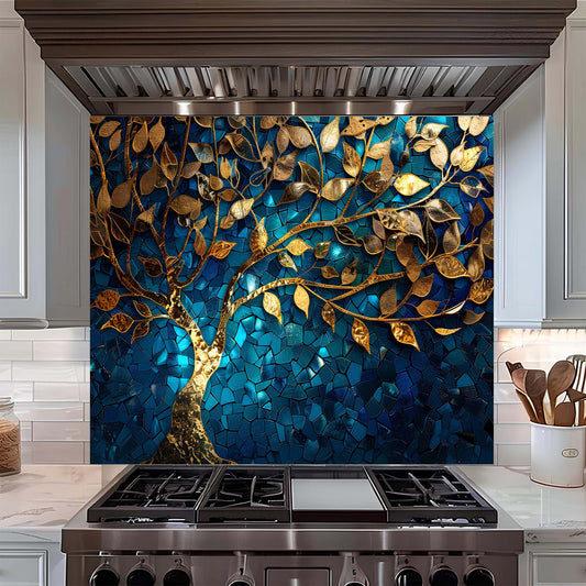 Decorative glass splashback with tree design above a kitchen stove
