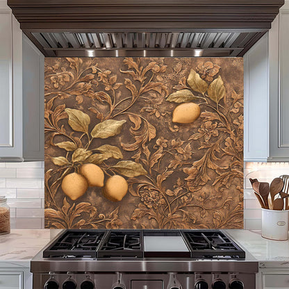 Decorative backsplash with lemons and leaves above a stove in a kitchen.