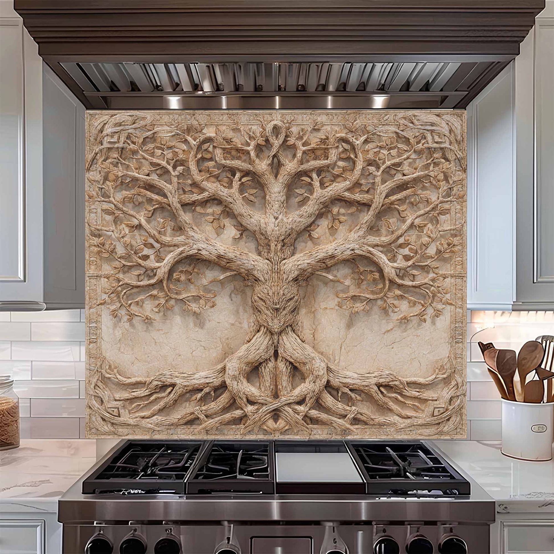 Decorative backsplash of a tree with roots on a kitchen wall above a stove.