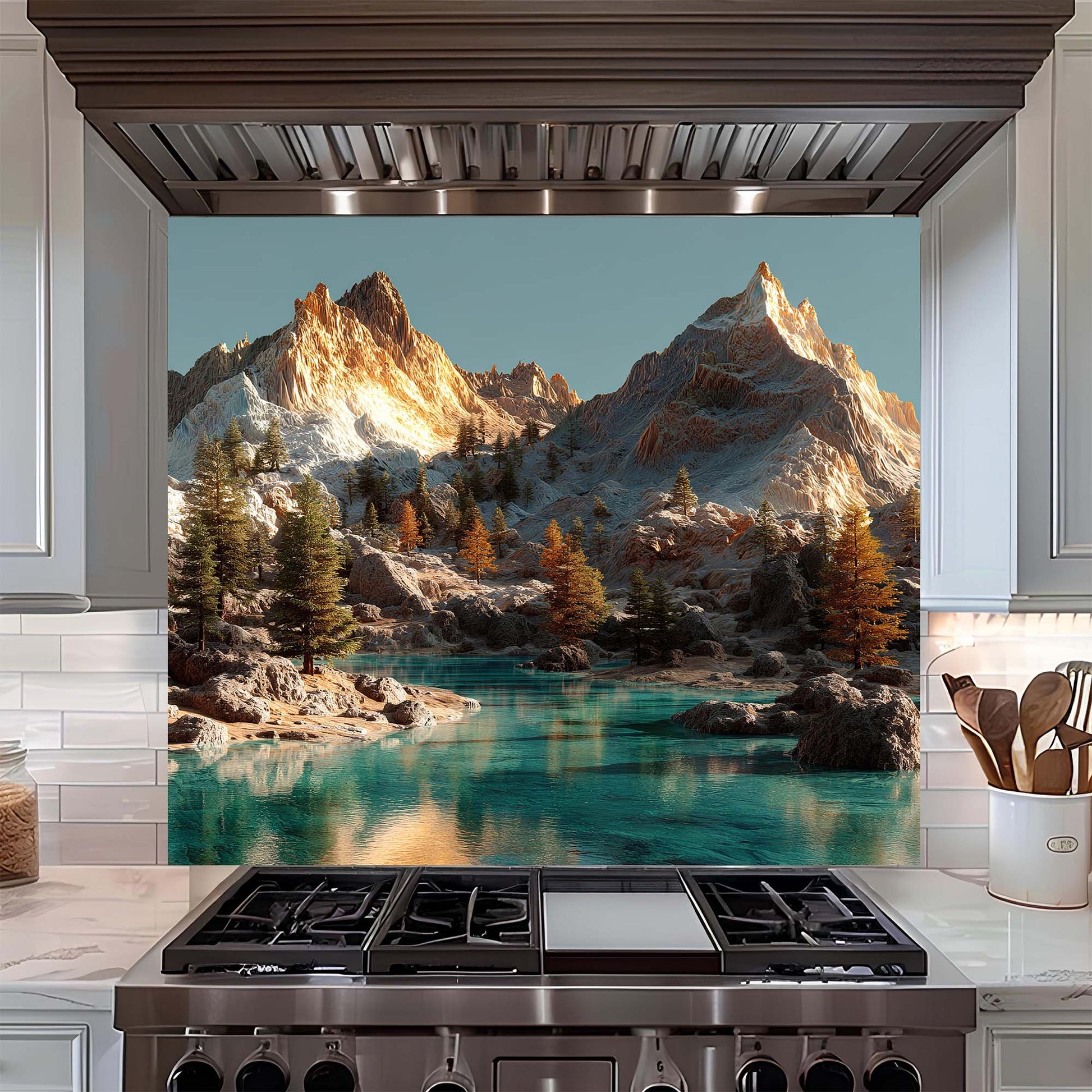 Kitchen stove with a mountain and lake mural on the backsplash