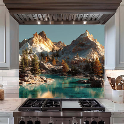 Kitchen stove with a mountain and lake mural on the backsplash