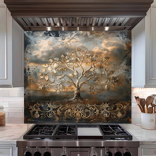 Decorative backsplash with tree design above a stove in a kitchen.