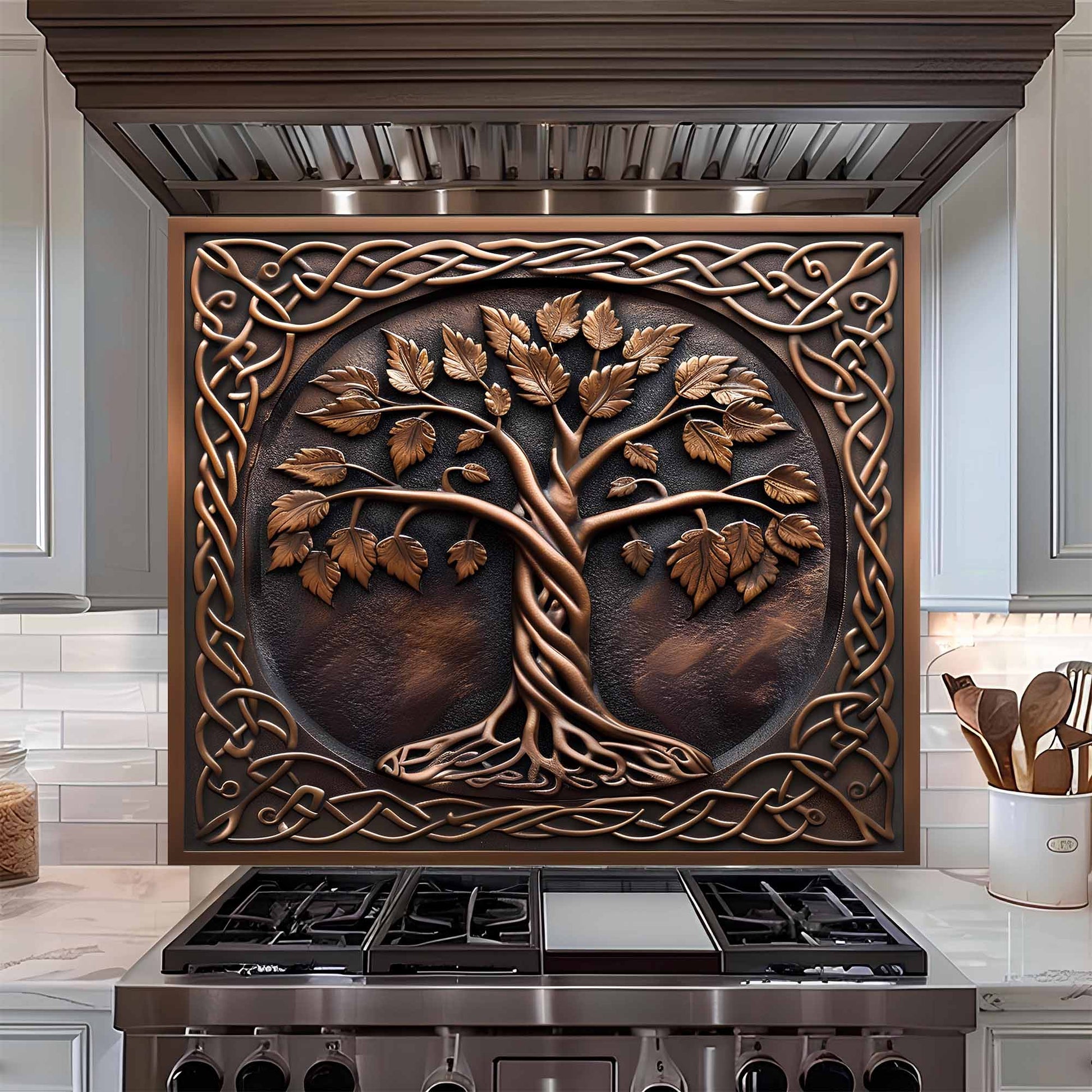 Decorative tempered glass backsplash above a stove with a tree design in a kitchen setting.