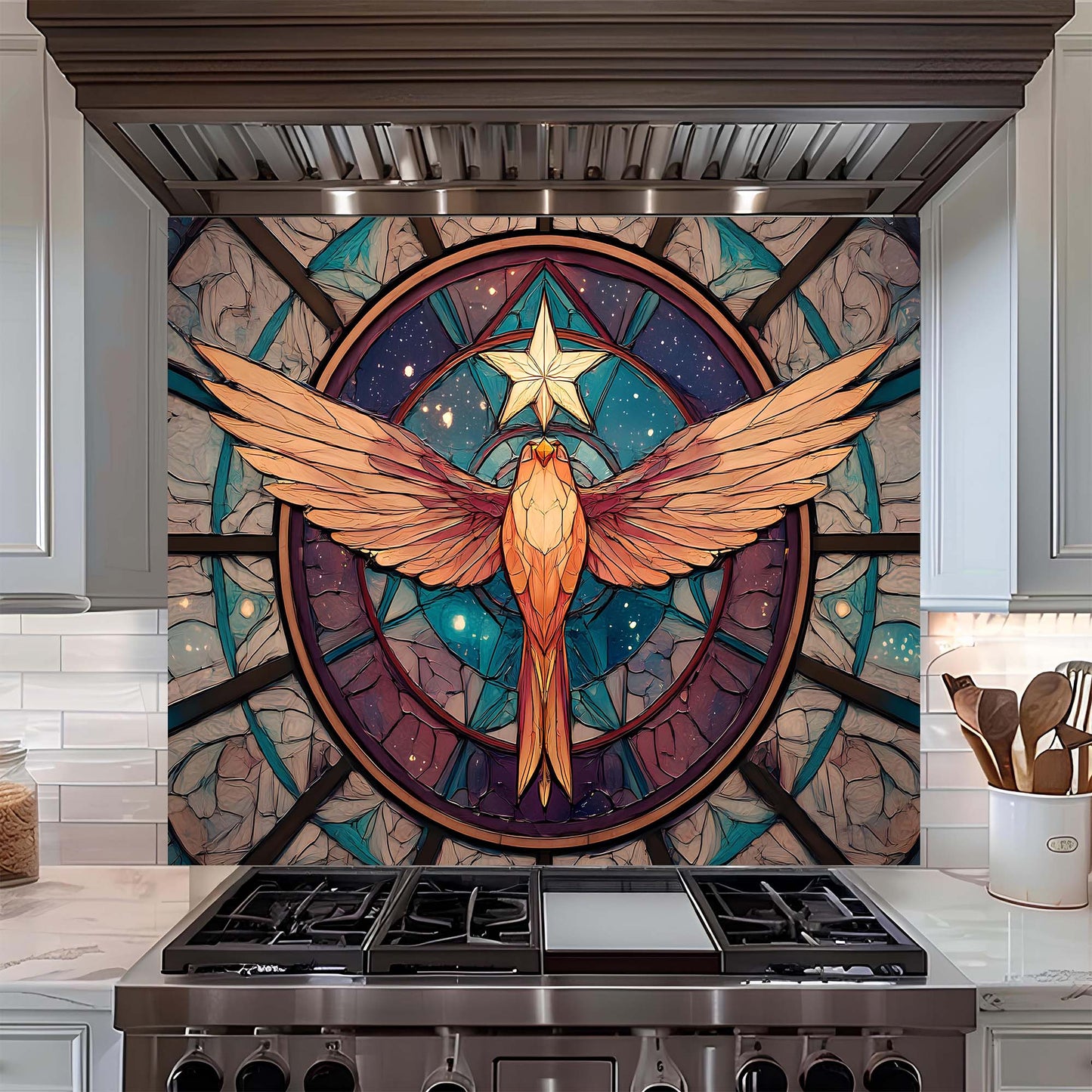Kitchen stove with a decorative phoenix splashback above it