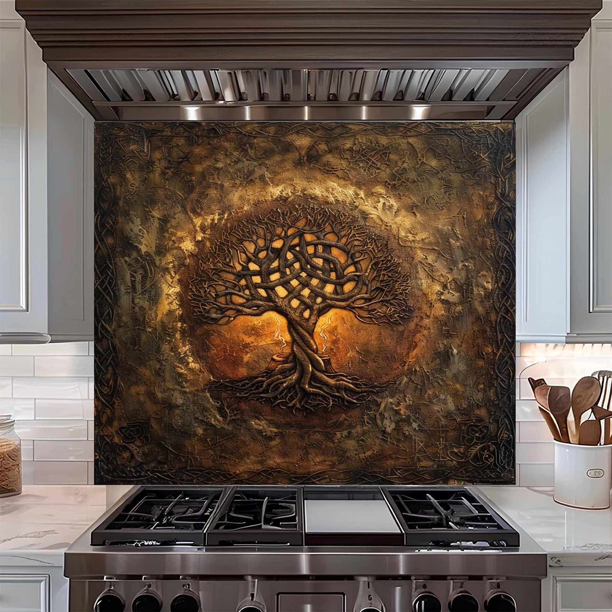 Decorative backsplash with a tree design above a stove in a kitchen.