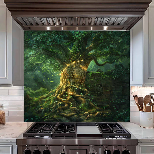Kitchen stove with a decorative glass splashback featuring a fantasy scene with a tree and stone wall.