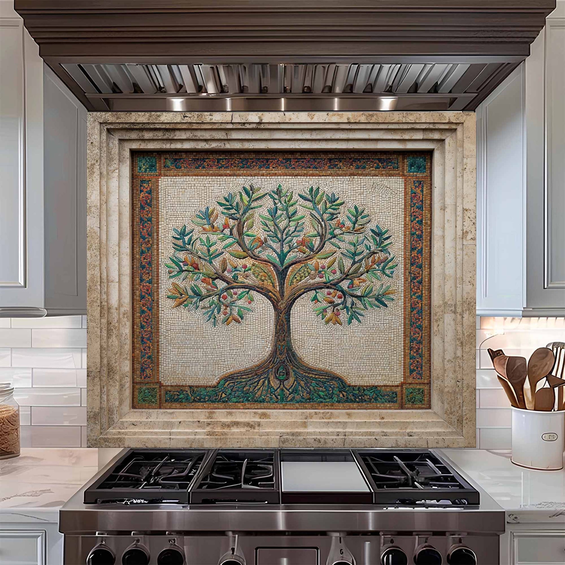 Kitchen stove with a decorative mosaic tree of life backsplash