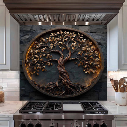 Decorative backsplash of a tree on a kitchen backsplash above a stove.
