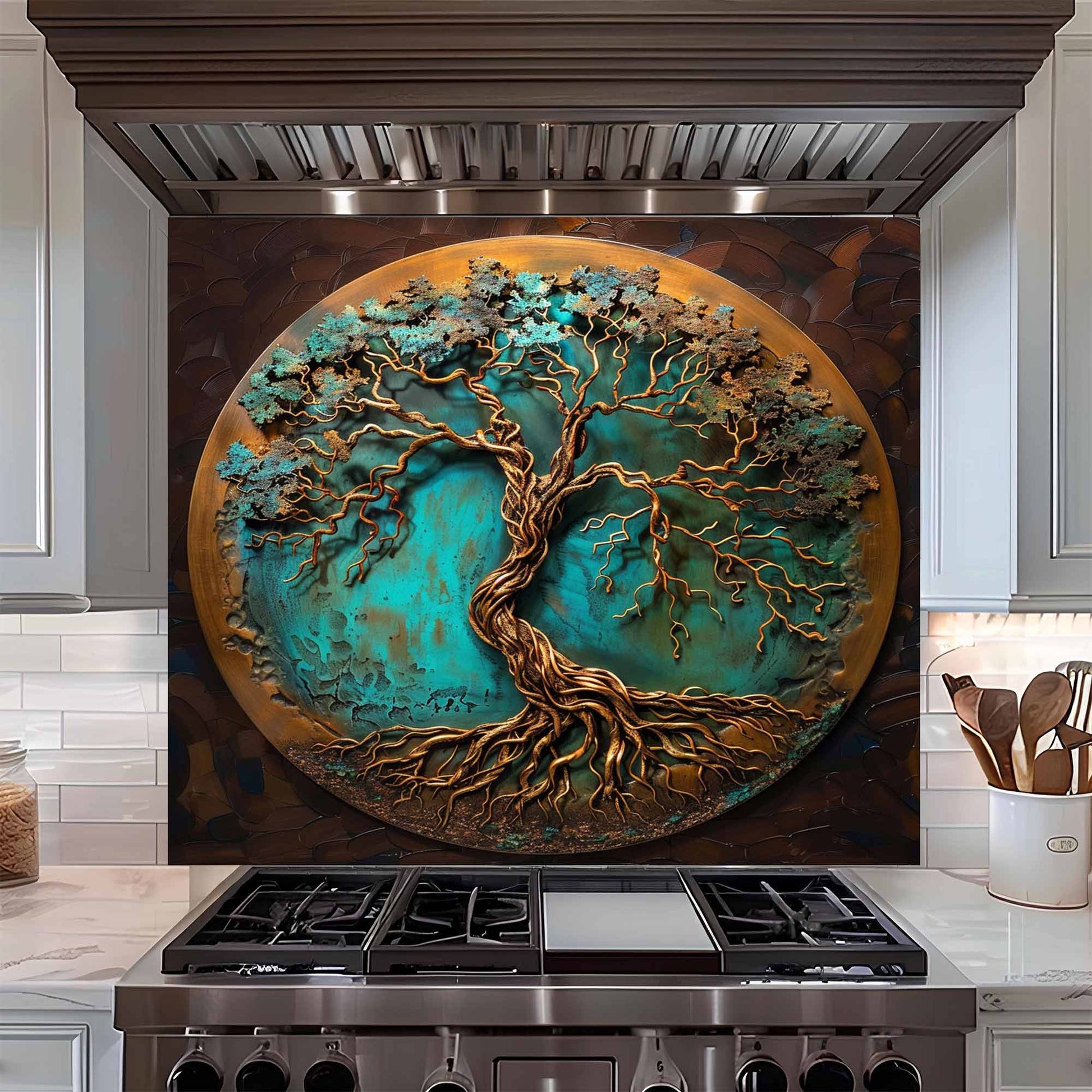 Tempered glass backsplash with a tree design above a stove in a kitchen.