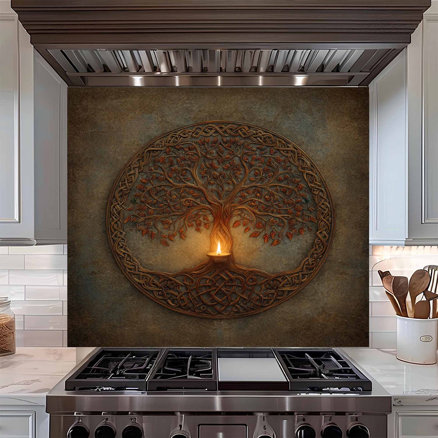 Decorative backsplash with a tree design above a stove in a kitchen.