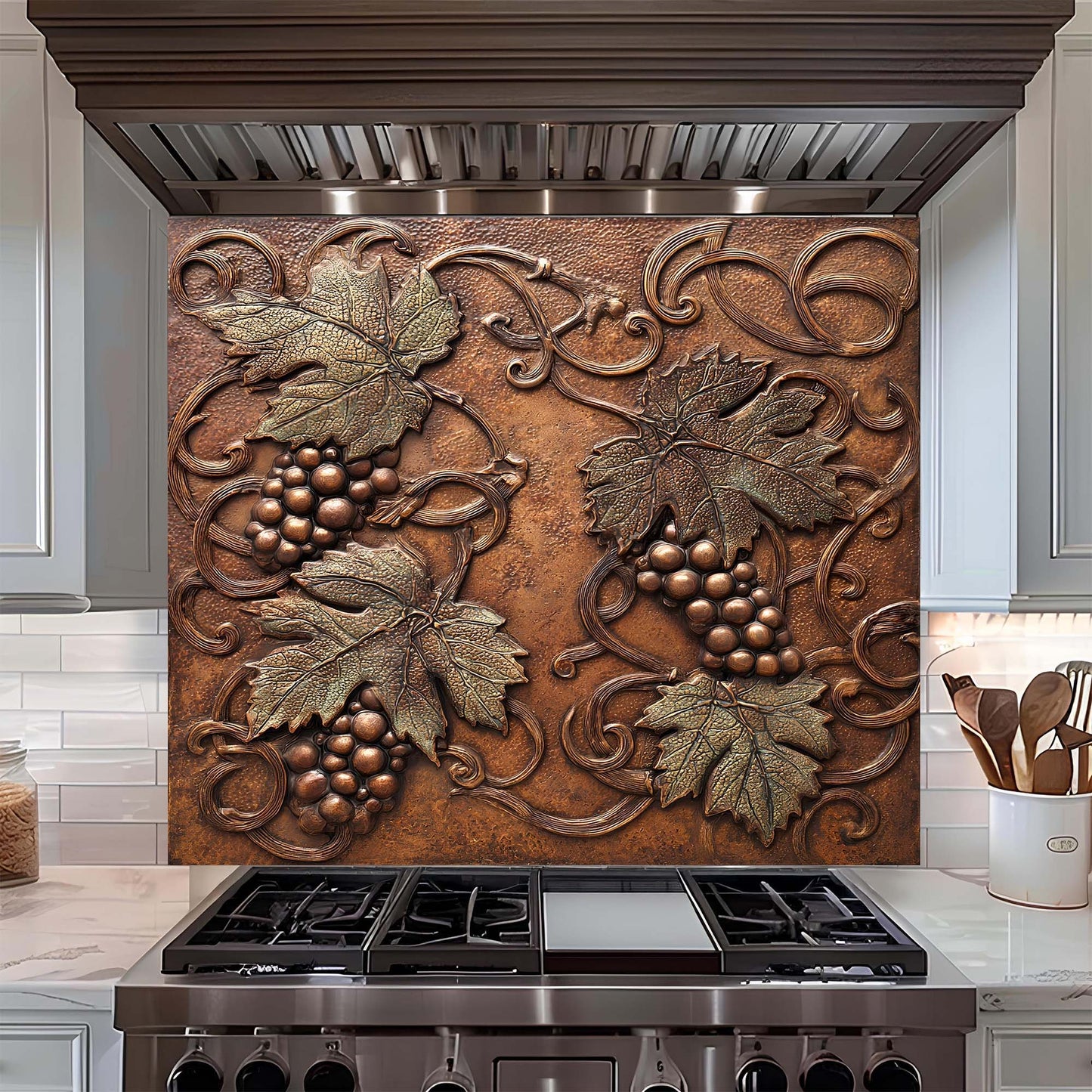 Decorative backsplash with grape and leaf design above a stove in a kitchen.