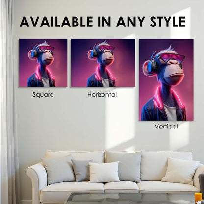 Three framed artworks of a monkey character with goggles on a wall above a sofa.