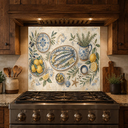 Sleek and hygienic lemon fish design glass backsplash panel mounted securely behind a high-end kitchen range.