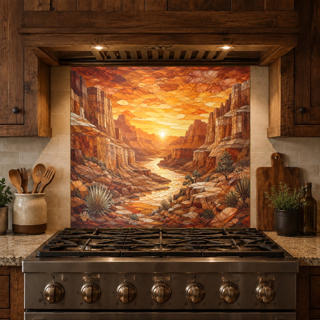 Canyon Sunset glass backsplash panel mounted in a contemporary home bar area