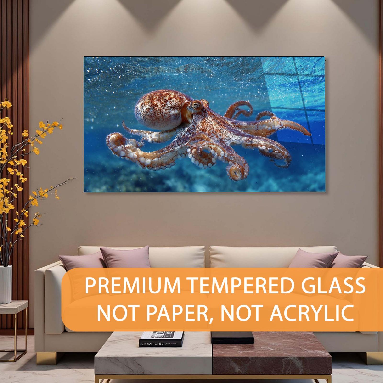 Living room with a large wall art of an octopus underwater, featuring text about premium tempered glass.