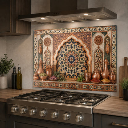 Heat resistant copper glass backsplash panel behind a kitchen island range