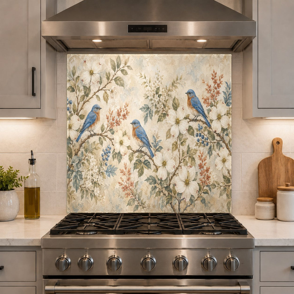 Beautiful bird family design on a tempered glass backsplash panel in a country-style kitchen setting.