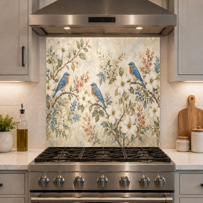 Beautiful bird family design on a tempered glass backsplash panel in a country-style kitchen setting.
