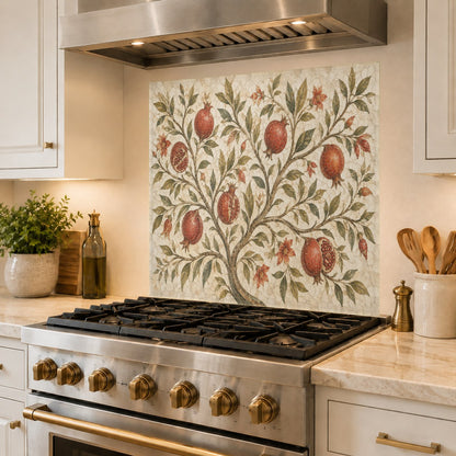 Full-length kitchen wall protected by a beautiful Pomegranate Garden tempered glass backsplash.